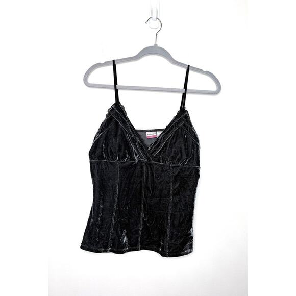 No Boundaries Tops - Y2K Crushed Velvet Lace Tank Top Cami Sz L Dark Gray Coquette Babydoll Festival